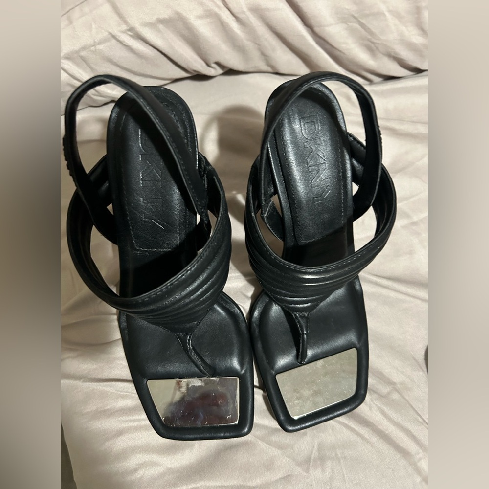 DKNY Black Strappy Sandals with Silver Accents